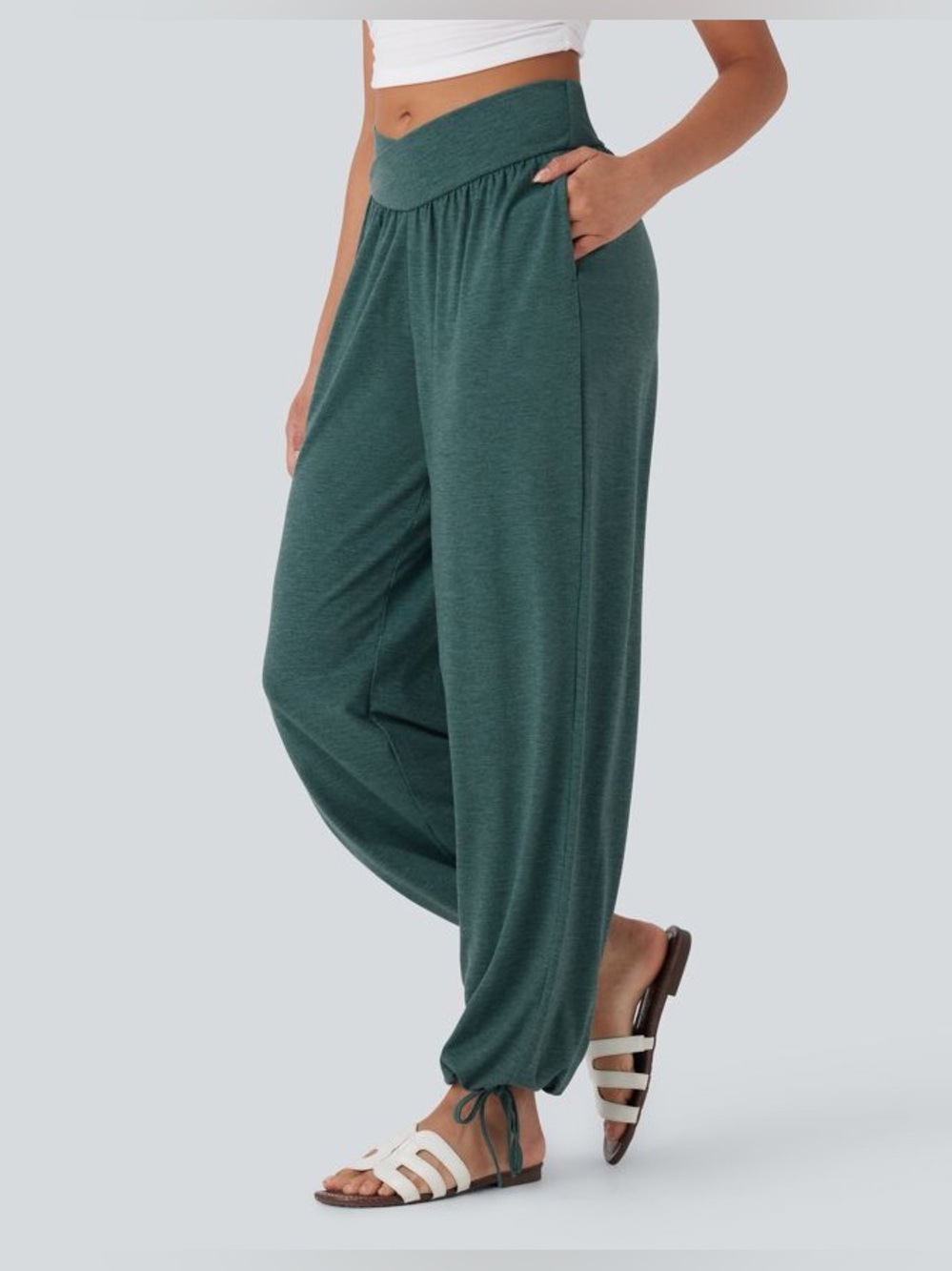 Halara Crossover High Waisted Pocket Drawstring Casual Joggers Jade Green Large